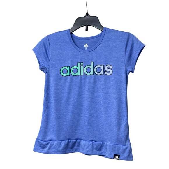 Adidas Little Girl’s Short-Sleeve Ruffle Hem Logo Top, Sz. 5, Heather Blue - Picture 1 of 8